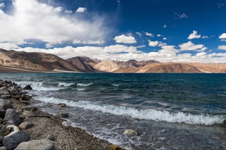 High altitude Pangong lake in Ladakh on sunny day