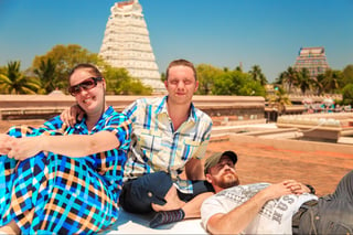Group of tourists on viewing platform in the Great Temple in Trichy